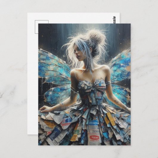 Fairy Patchwork Jurk Blauwe Vleugels Briefkaart (Voorkant / Achterkant)