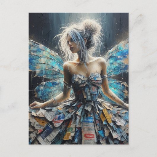Fairy Patchwork Jurk Blauwe Vleugels Briefkaart (Voorkant)