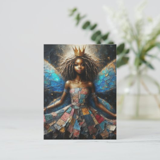 Fairy Patchwork Jurk Blauwe Vleugels en een Gouden Briefkaart (Staand voorkant)