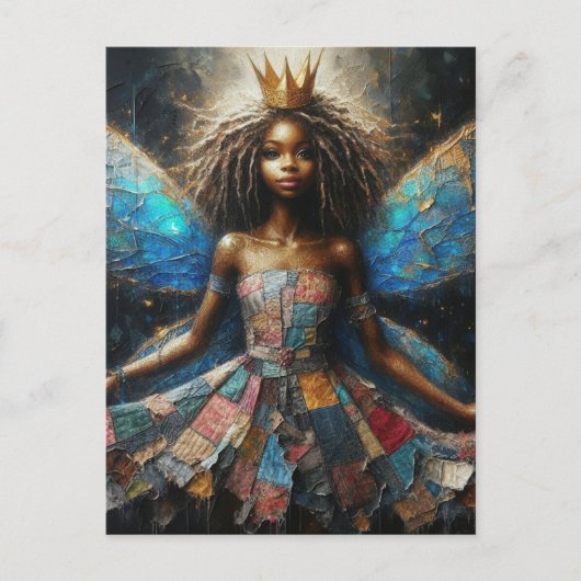 Fairy Patchwork Jurk Blauwe Vleugels en een Gouden Briefkaart (Voorkant)