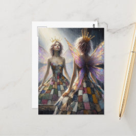 Fairy Patchwork jurk en een gouden kroon Briefkaart