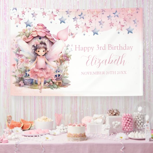 Fairy pink forest Happy Birthday  backdrop banner (Feest)