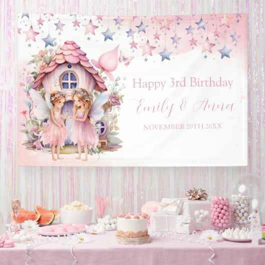 Fairy pink forest Happy Birthday  backdrop banner (Feest)