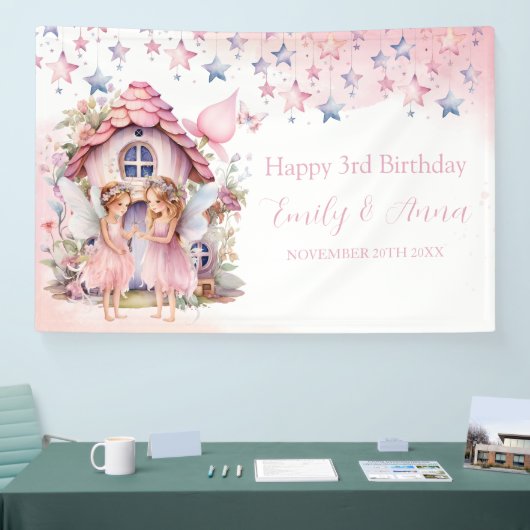 Fairy pink forest Happy Birthday backdrop banner (Beurs)