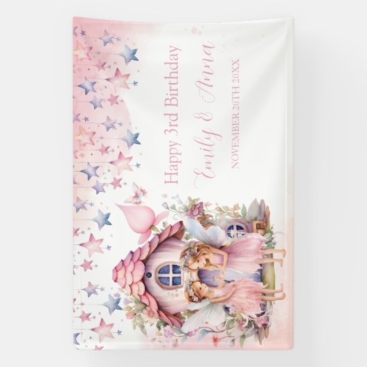 Fairy pink forest Happy Birthday  backdrop banner (Verticaal)