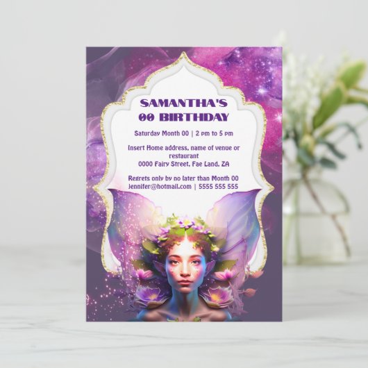 Fairy pixie prinses paarse magische glitter girly kaart (Staand voorkant)