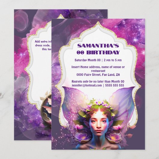 Fairy pixie prinses paarse magische glitter girly kaart (Voorkant / Achterkant)