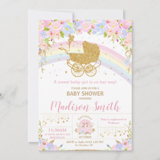 Fairy  Pram Floral Gold Glitter Baby shower Kaart (Voorkant)