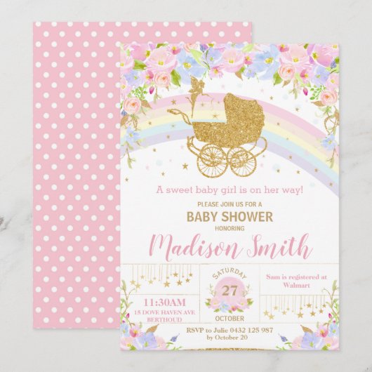 Fairy  Pram Floral Gold Glitter Baby shower Kaart (Voorkant / Achterkant)
