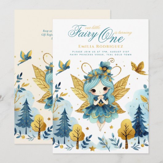 Fairy Princess 1st Birthday of EDIT AGE Blauwgroen Kaart (Voorkant / Achterkant)