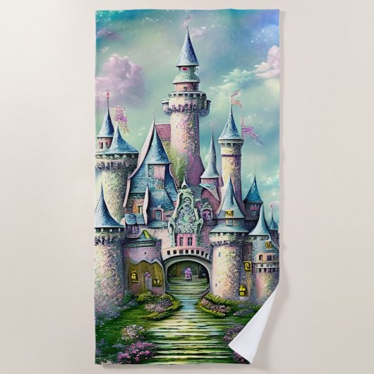 Fairy Princess Castle Mauve Pink Green Strandlaken (Voorkant)