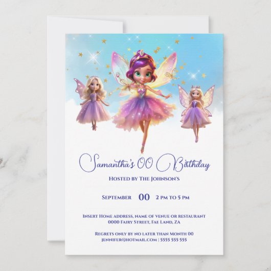 Fairy princess girls birthday party  kaart (Voorkant)