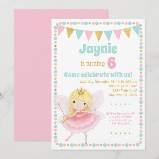 Fairy Princess Invitation Blonde Birthday Party Kaart (Voorkant / Achterkant)