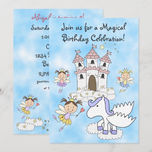 Fairy Princess, Kasteel en Pegasus Verjaardag Uitn Kaart (Voorkant / Achterkant)