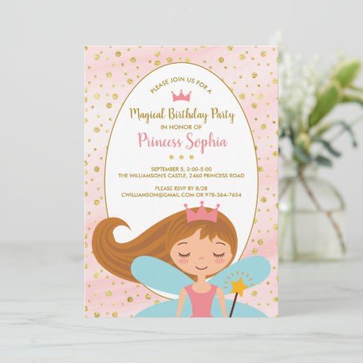 Fairy Princess Magical Birthday Party Invitation Kaart (Staand voorkant)