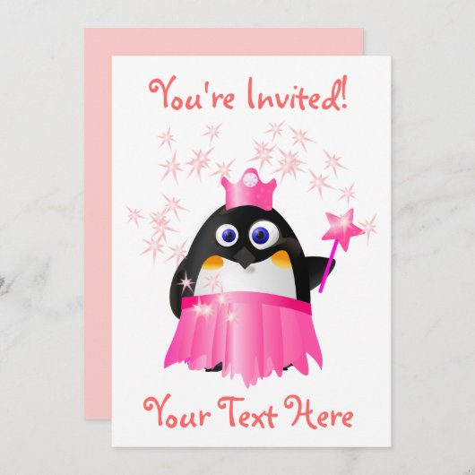 Fairy Princess Penguin Invitation Kaart (Voorkant / Achterkant)