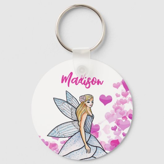 Fairy Princess Pink Hearts Mode Illustratie Sleutelhanger (Voorkant)