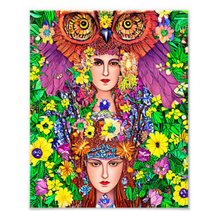 Fairy Princess Sisters Owl original art nouveau Po Foto Afdruk