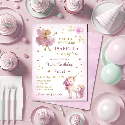 Fairy Princess Unicorn Girl 1st Birthday Kaart
