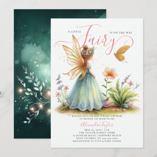 Fairy prinses betoverde groene baby meisje douche kaart (Voorkant / Achterkant)