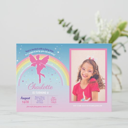 Fairy Rainbow Party Verjaardag Roze Magische Feeën Kaart (Staand voorkant)