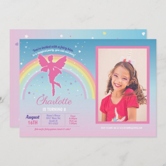 Fairy Rainbow Party Verjaardag Roze Magische Feeën Kaart (Voorkant / Achterkant)
