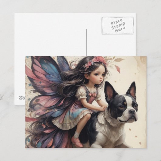 Fairy Riding een Boston Terrier Fantasy Briefkaart (Voorkant / Achterkant)