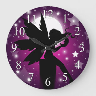 Fairy Silhouette Clock Paarse Moon and Stars Grote Klok