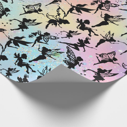 Fairy Silhouette Pattern Sparkly Rainbow Cadeaupapier (Hoek)