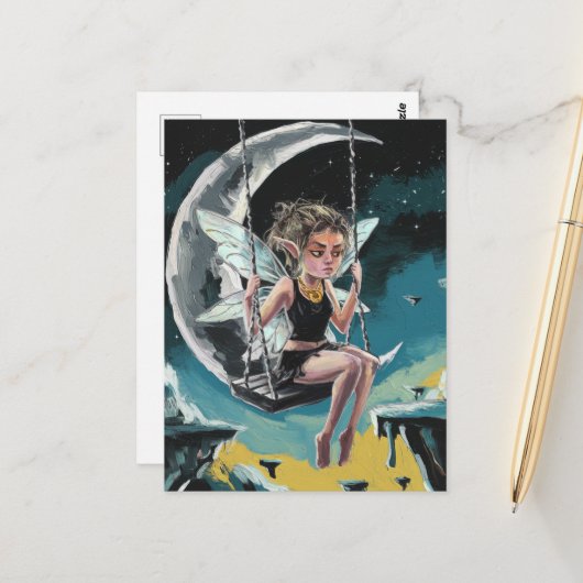 Fairy Swinging van de maan Briefkaart (Voorkant / Achterkant in situ)