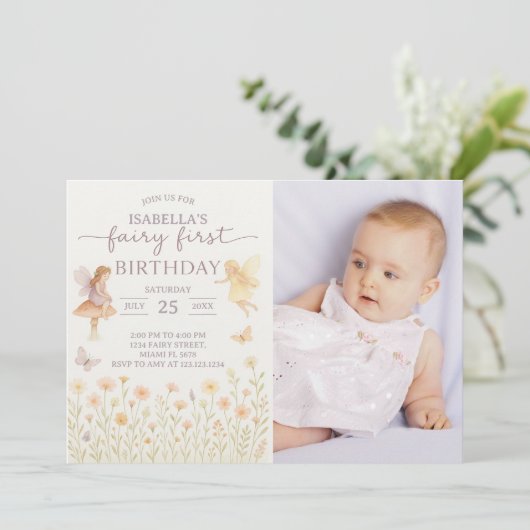 Fairy Tale 1e verjaardag uitnodiging met foto (Staand voorkant)