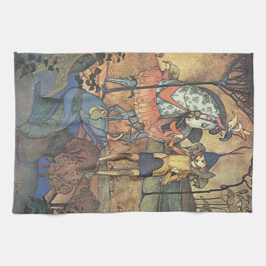  Fairy Tale, A Brave Knight and Dragon Theedoek (Horizontaal)