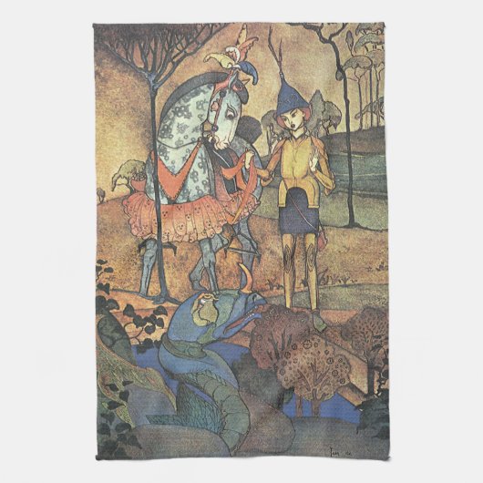  Fairy Tale, A Brave Knight and Dragon Theedoek (Verticaal)