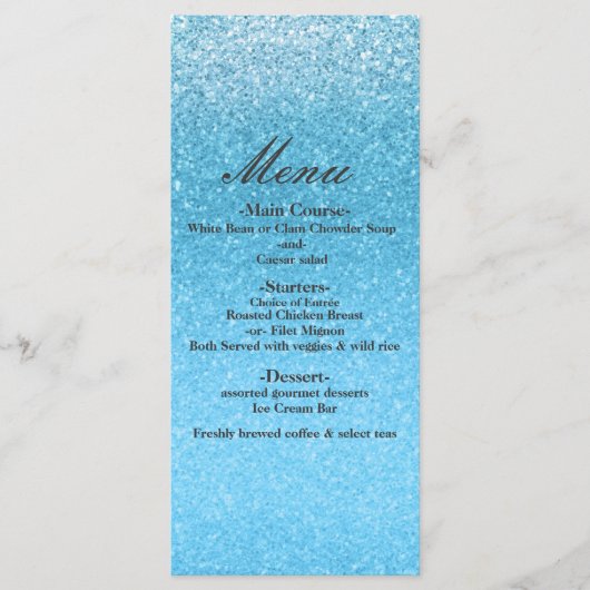 Fairy Tale Blue Glitter Sweet 16 Glam Party Menu (Voorkant)