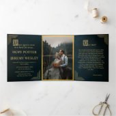 Fairy Tale Book Gold Emerald Magical Drieluik Uitnodiging (Binnen)