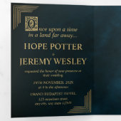 Fairy Tale Book Gold Emerald Magical Drieluik Uitnodiging (Binnenzijde eerst)