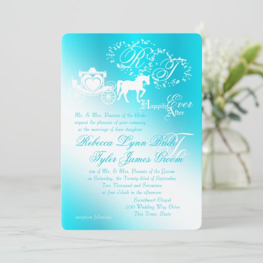 Fairy Tale Carriage Aqua Wedding Kaart (Staand voorkant)