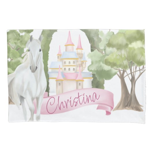 Fairy Tale Castle and White Horse Waterverf Kussensloop (Voorkant)