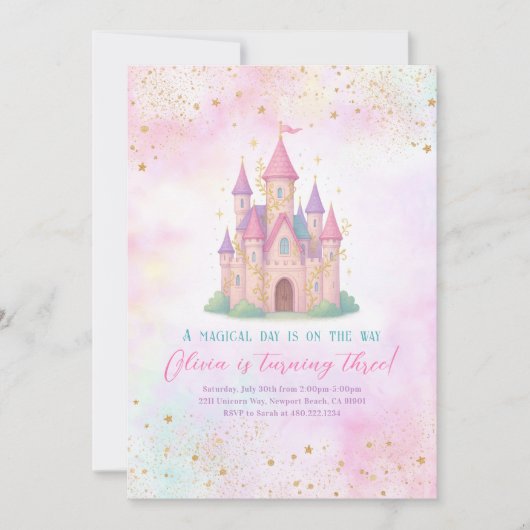 Fairy Tale Castle Pink Birthday Party Invitation Kaart (Voorkant)