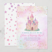 Fairy Tale Castle Pink Birthday Party Invitation Kaart (Voorkant / Achterkant)