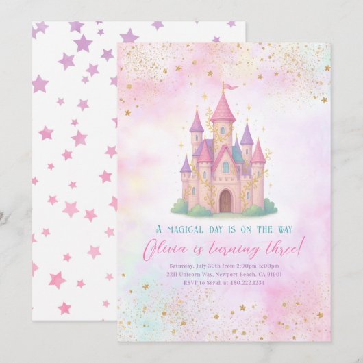 Fairy Tale Castle Pink Birthday Party Invitation Kaart (Voorkant / Achterkant)