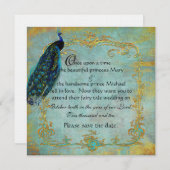 Fairy Tale Gold Filigree Peacock & Crown Save The Date (Voorkant / Achterkant)
