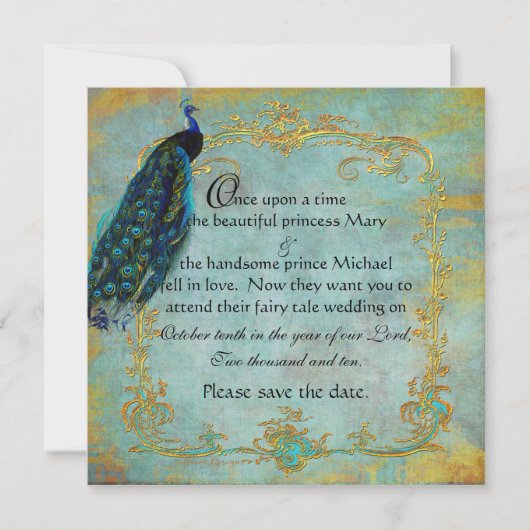 Fairy Tale Gold Filigree Peacock & Crown Save The Date (Voorkant)