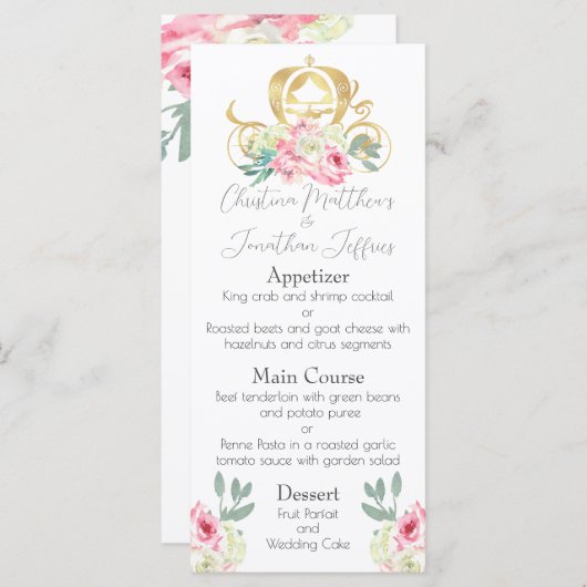 Fairy Tale Gold Princess Carriage and Pink Flowers Menu (Voorkant / Achterkant)