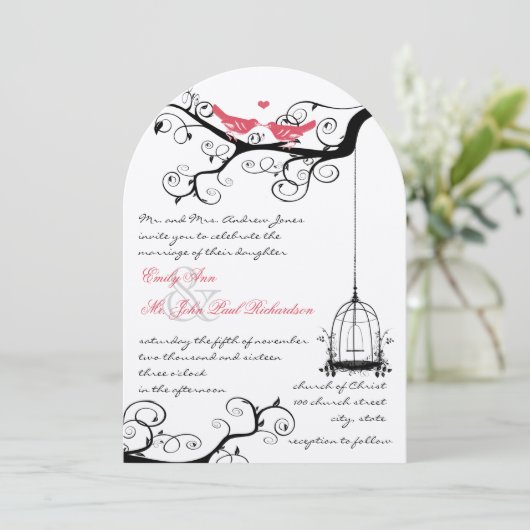 Fairy Tale Love Bird Pink Yarrow Wedding Invite Kaart (Staand voorkant)