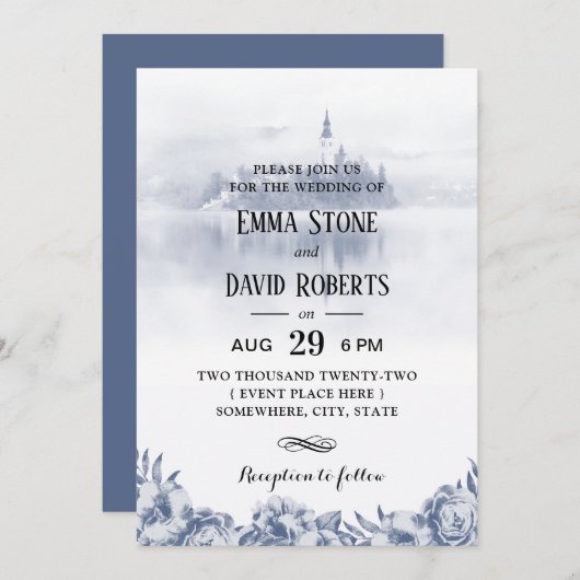 Fairy Tale Misty Lake Blue Floral Wedding Kaart (Voorkant / Achterkant)