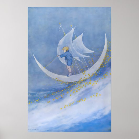 Fairy Tale Moon Print Whimsical Boy on Crescent (Voorkant)