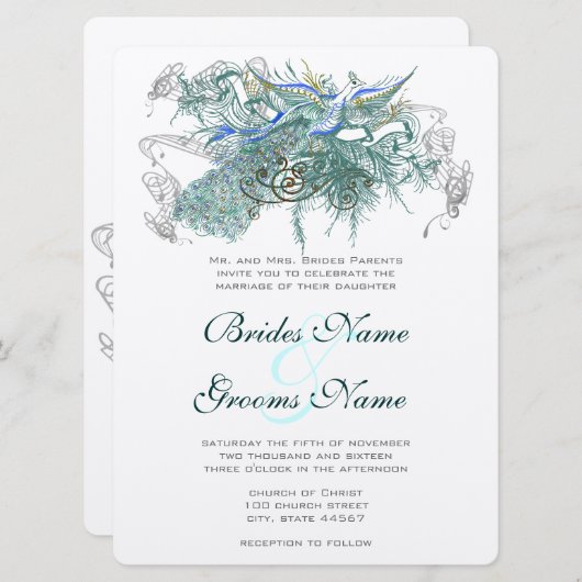 Fairy Tale Peacock Wedding Invitations Kaart (Voorkant / Achterkant)