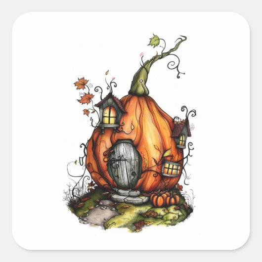 Fairy Tale Pumpkin House Vierkante Sticker (Voorkant)