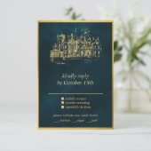Fairy Tale Whimsical Castle Emerald Gold RSVP Kaartje (Staand voorkant)